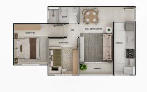 Planta do apartamento de 2 quartos com varanda do Vertex Getúlio Vargas